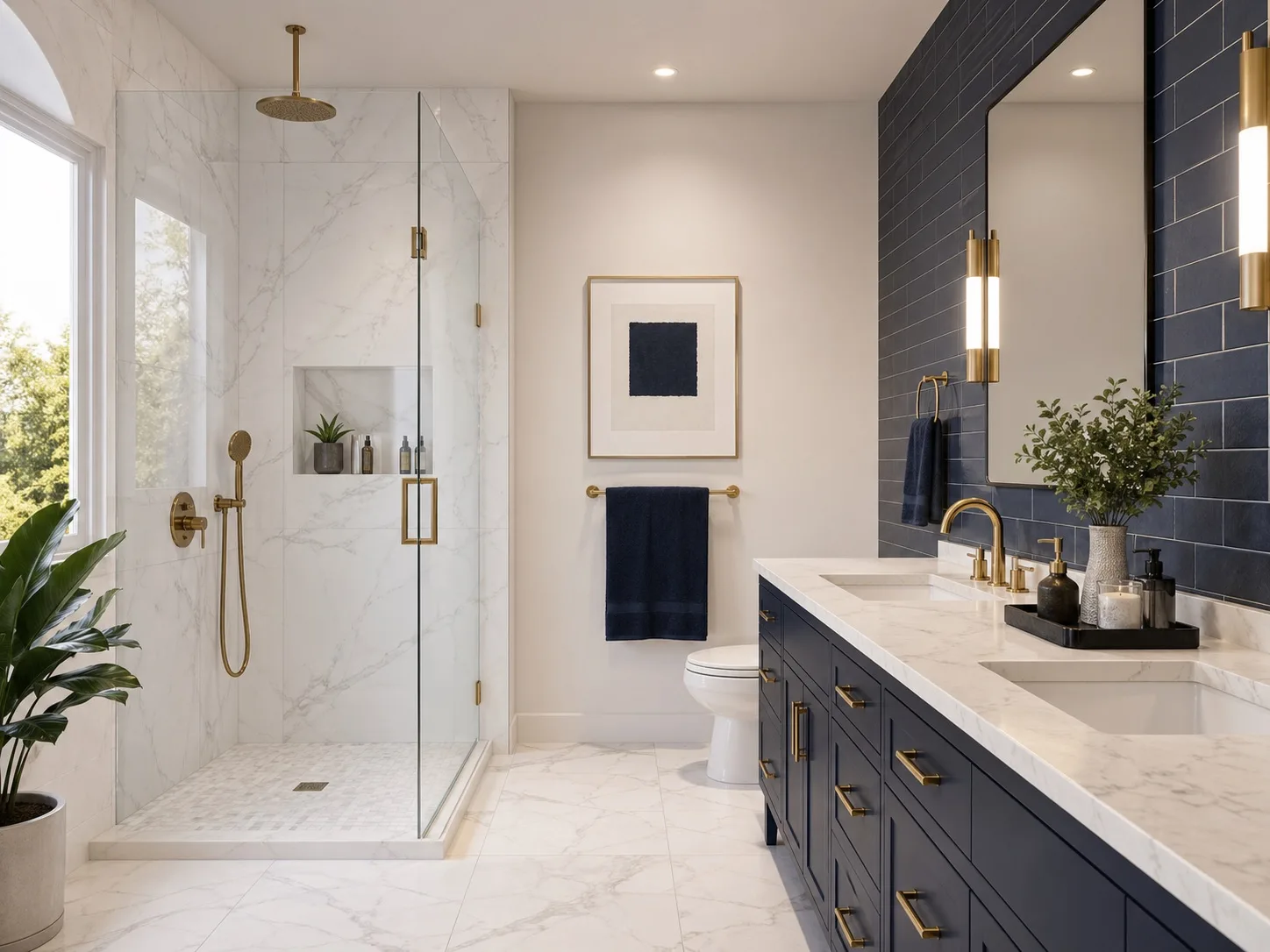 Bright bathroom remodel with walk-in shower and navy vanity