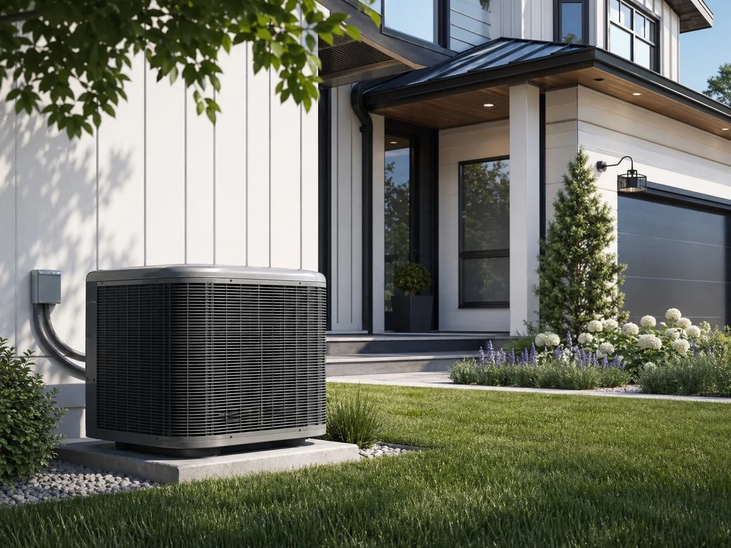 Outdoor HVAC condenser beside a modern home