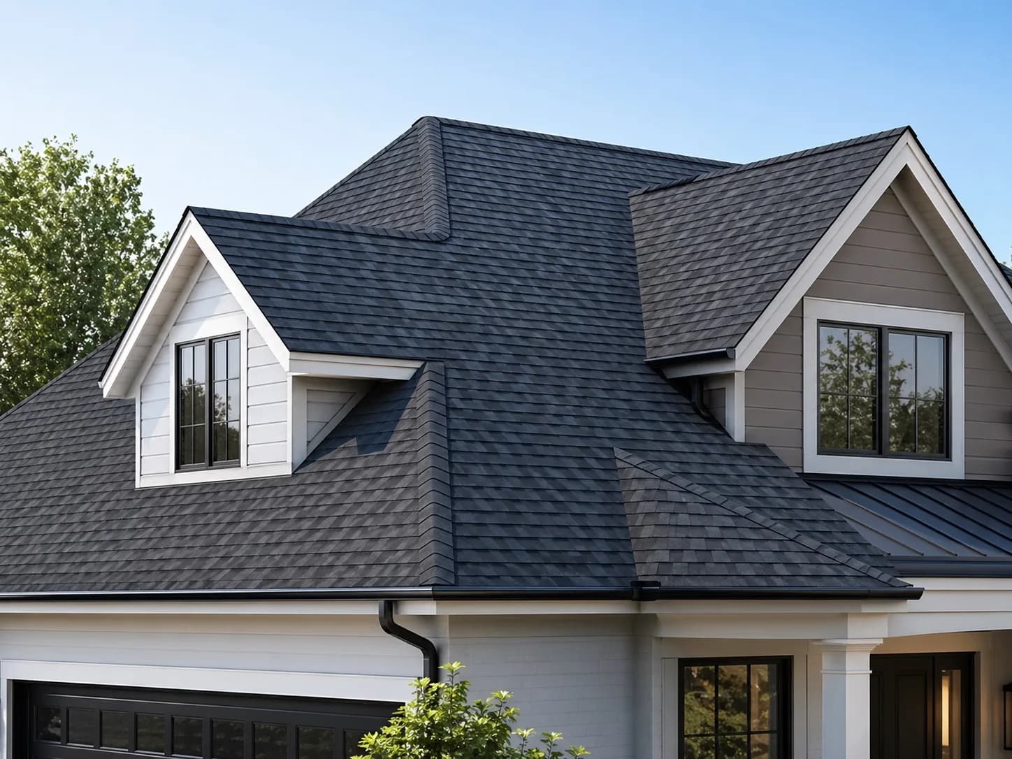 Fresh asphalt shingle roof on a modern home