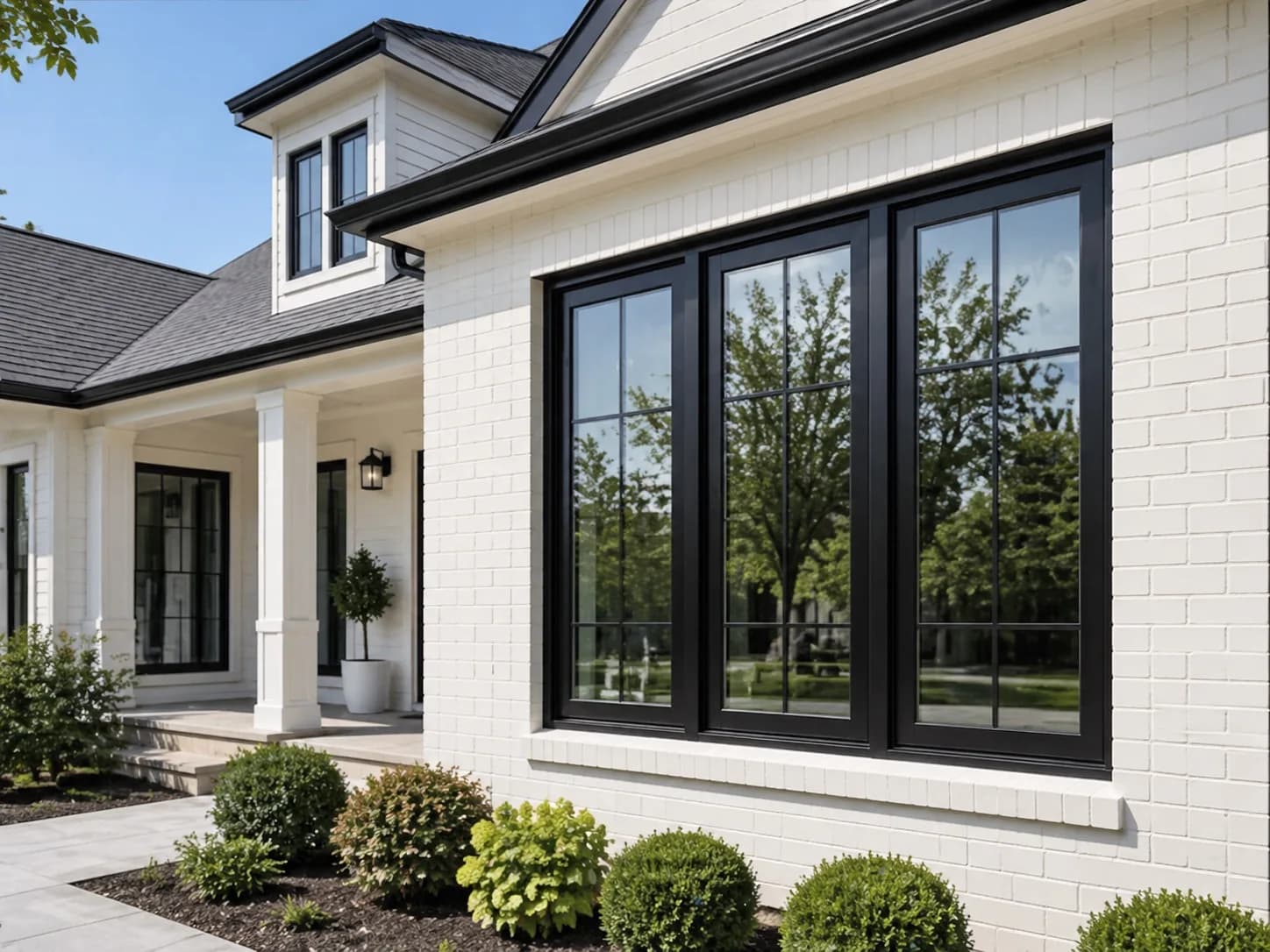 Black-framed replacement windows on a white home